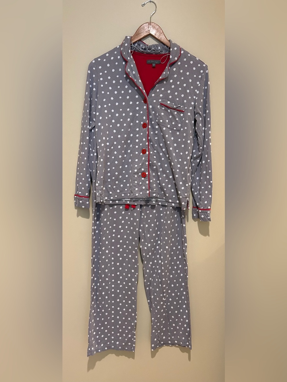 PJ Salvage Women’s Gray Polka Dot Pajama Set with Red Trim Holiday Size Small